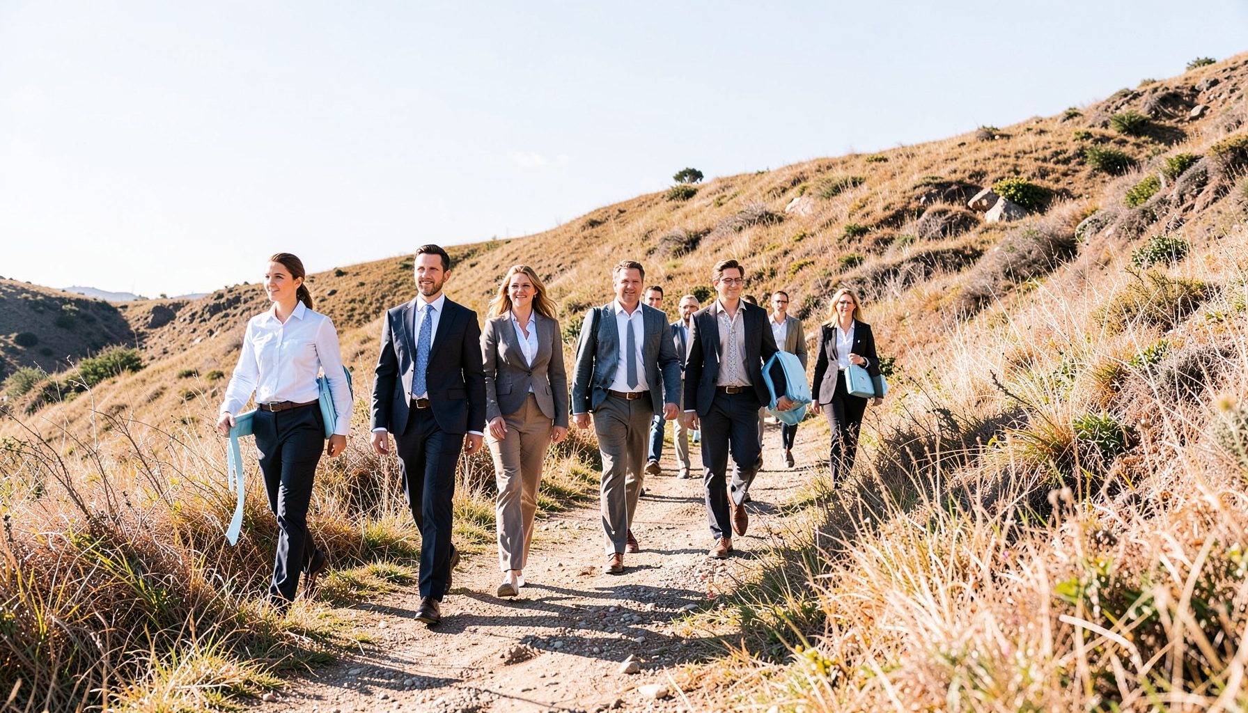 A group of professionals walking along a sunlit path through dry grassy hills, some carrying light blue items, under a bright sky
