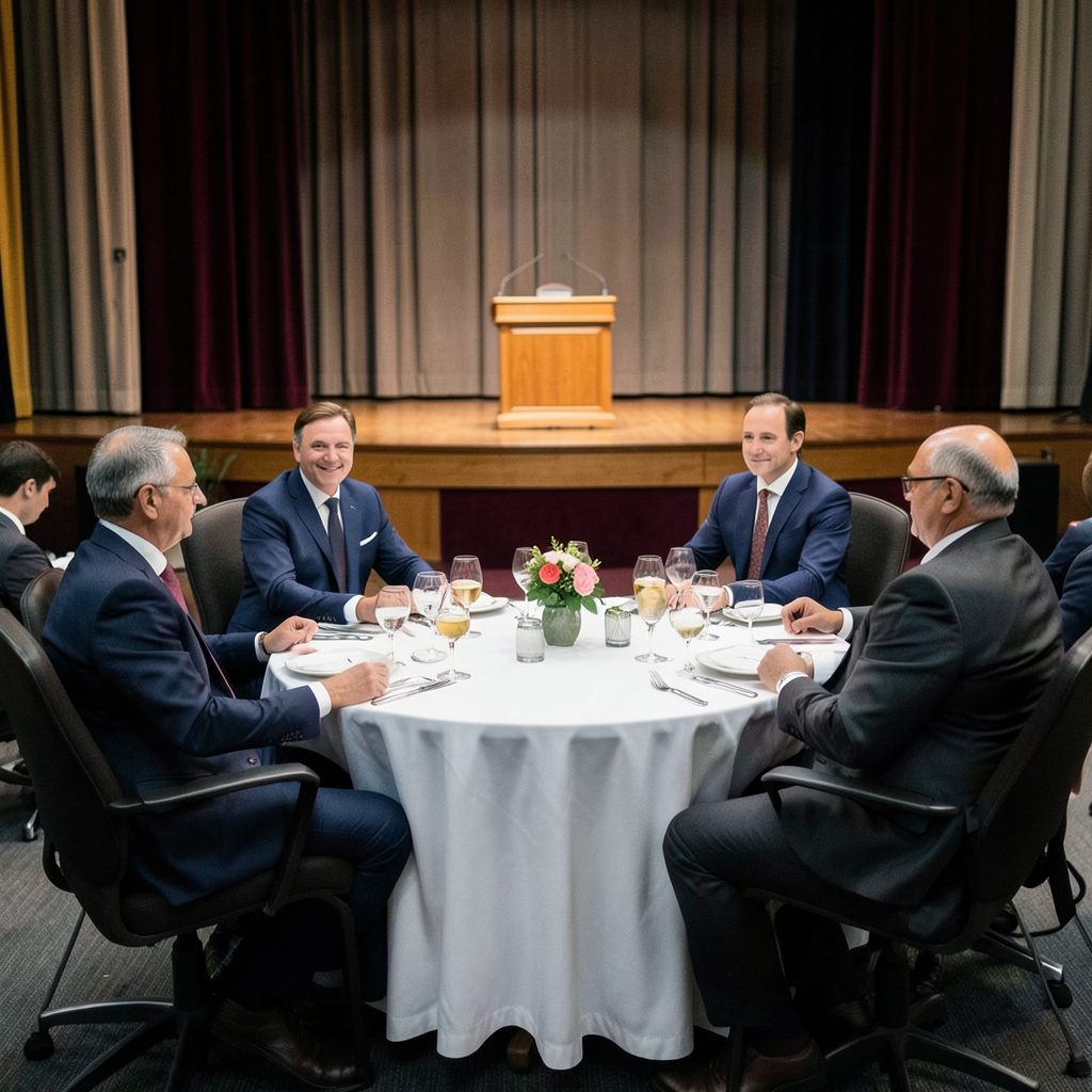 People seated at round tables with centerpieces, a stage with a lectern visible in the background