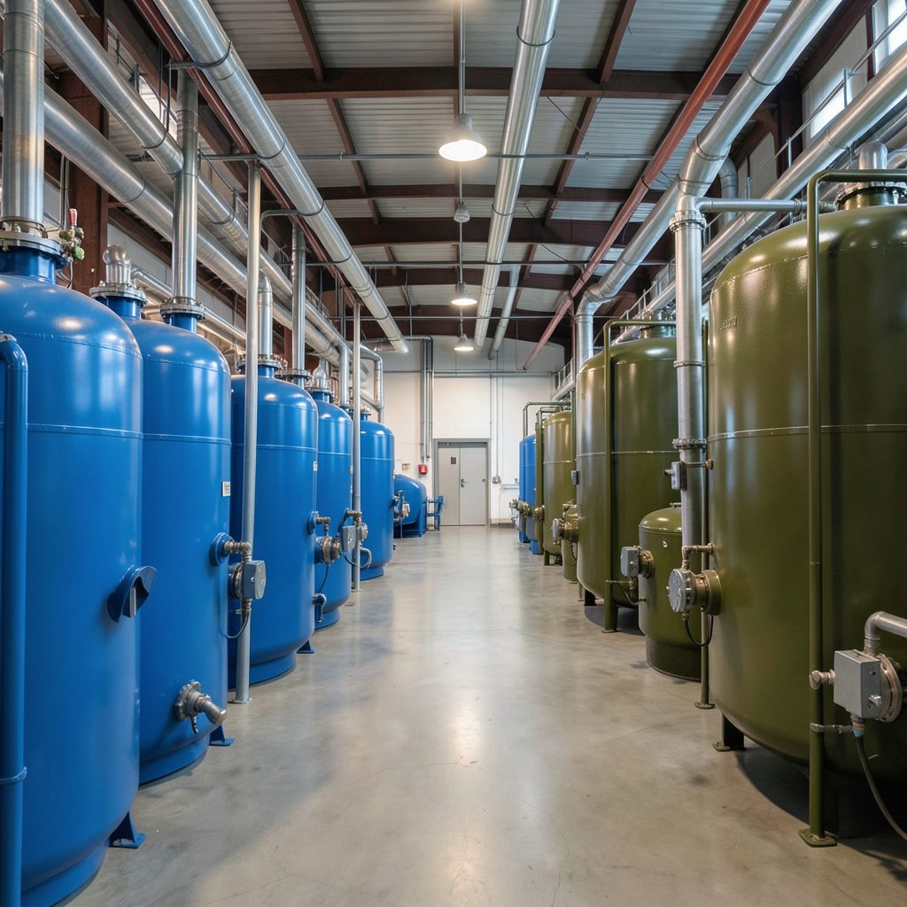 A wide industrial interior with rows of large blue and olive-toned tanks connected by piping, softly lit
