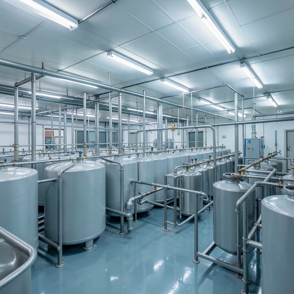 A large water purification facility with rows of membrane tanks under fluorescent lighting, conveying industrial precision and clean water technology