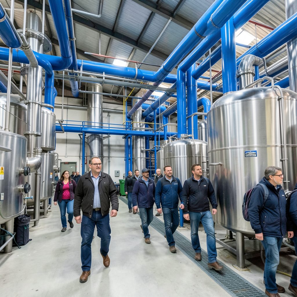A group touring a large industrial water treatment facility with blue piping and stainless steel equipment