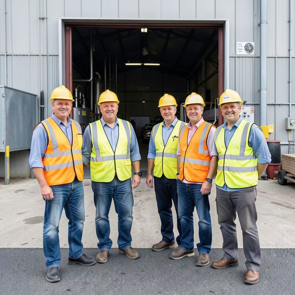 A group standing outside a large brewery facility entrance, wearing hard hats and safety vests