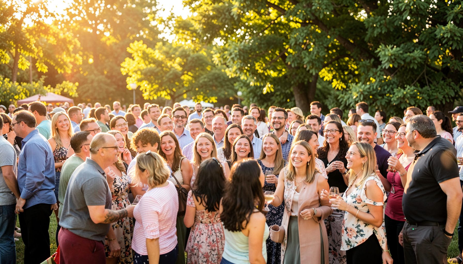 A wide group photo of people gathered outdoors at a sunny event, smiling and mingling, with warm golden light and green surroundings