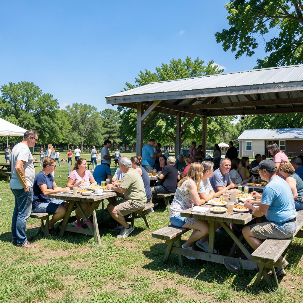 People gathered outdoors at a picnic shelter with food tables, under bright sunlight and blue sky