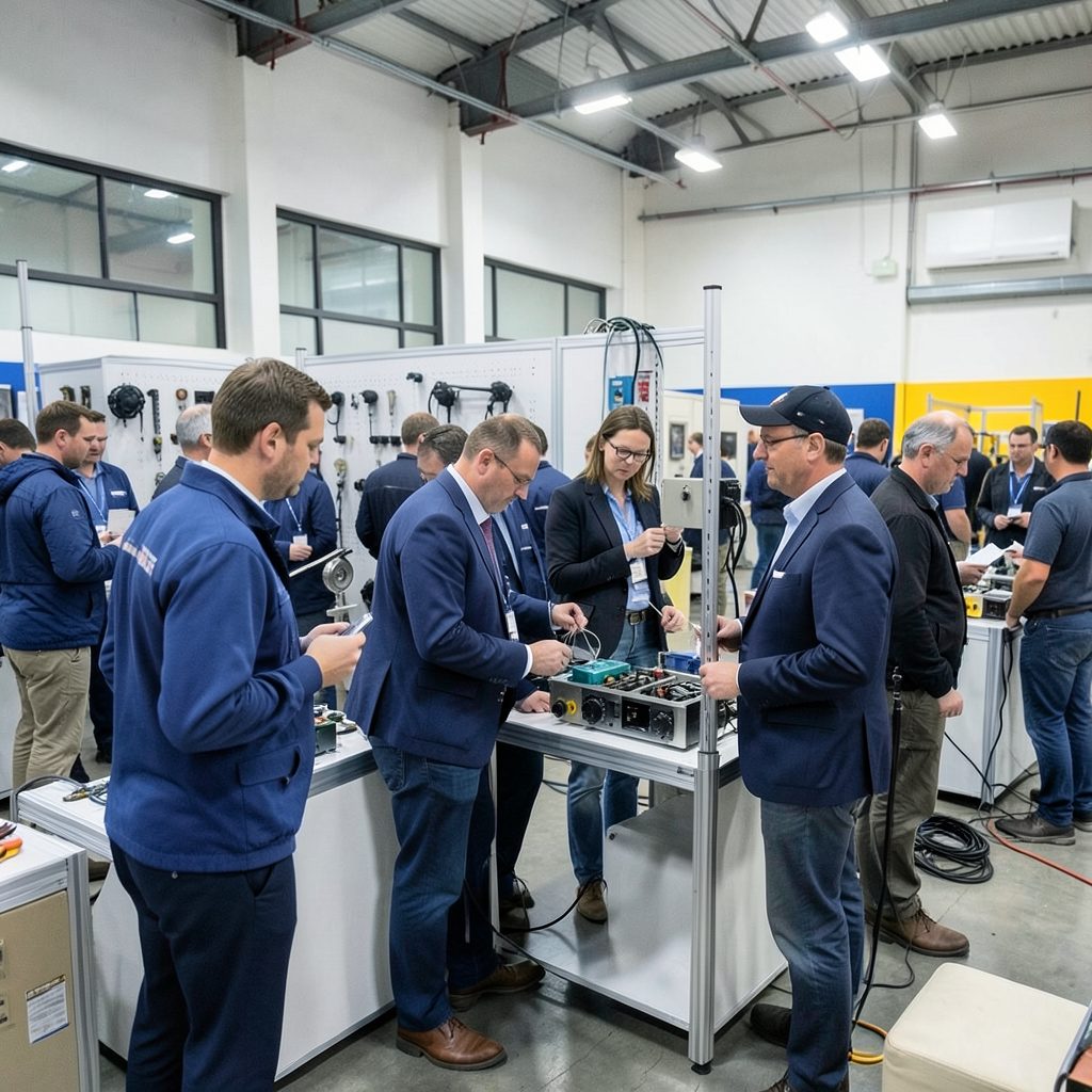 Attendees examining equipment displays at an indoor training workshop