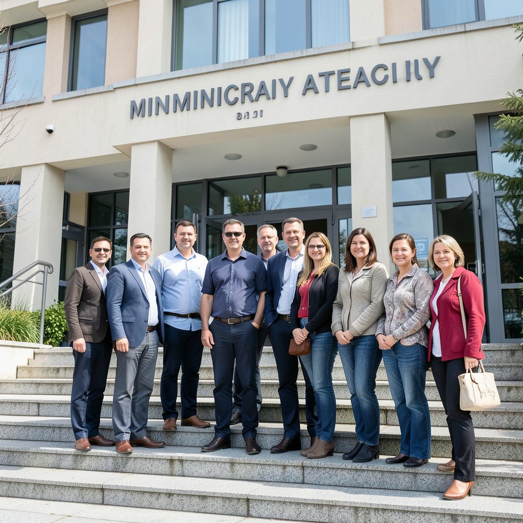 A group photo of people standing on the steps outside a municipal water agency building
