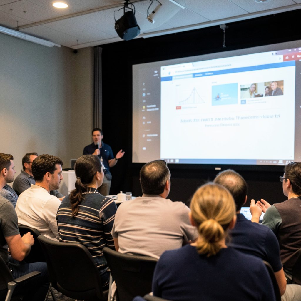 Attendees listening to a speaker at a presentation, with a projection screen showing slides